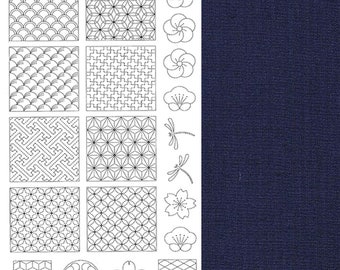 Pre-stencilled sashiko Patterns Panel Navy Tsumugi Cotton  Eight Different Traditional Sashiko Patterns and 12 Small Sashiko Designs