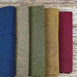 Può includere: Cinque campioni di tessuto con un motivo a pois bianchi su uno sfondo strutturato. I campioni sono nei colori blu navy, grigio, verde, oro e bordeaux.