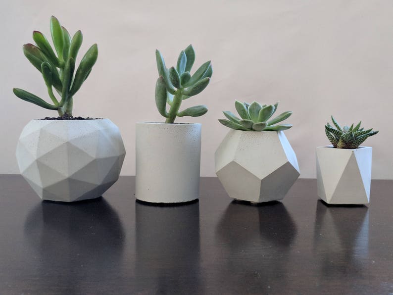 Geometric concrete succulent planter set of 4, Handmade plant pots with tray for indoor plants, Pots for indoor houseplants image 4