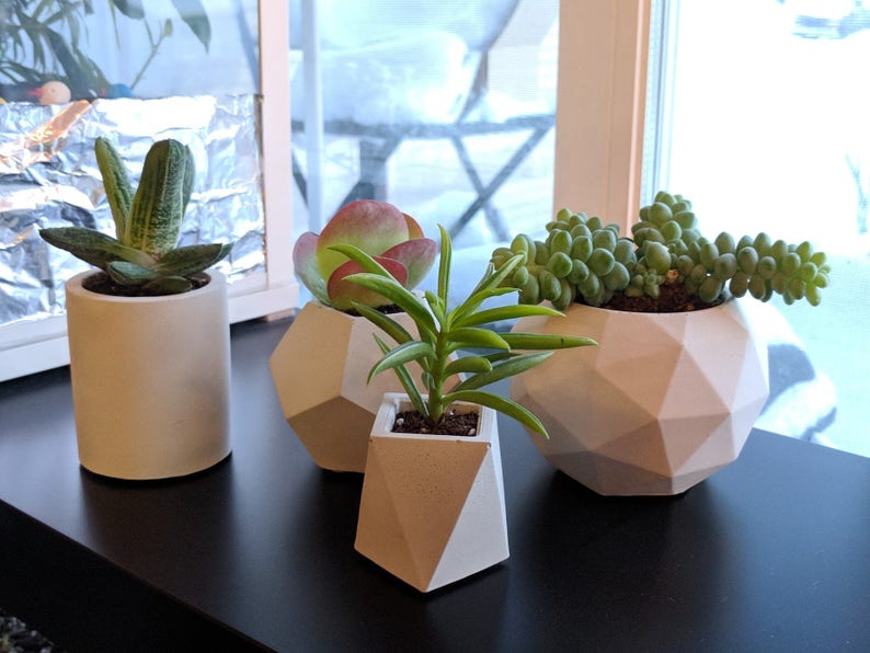 Geometric concrete succulent planter set of 4, Handmade plant pots with tray for indoor plants, Pots for indoor houseplants image 5