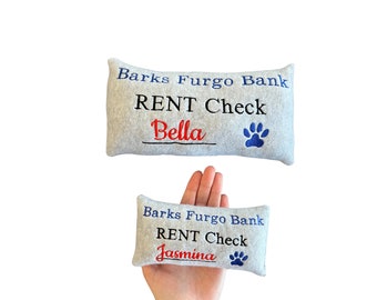 Rent Check DOG Toy Personalized, Funny Squeaker Dog Toy Custom Dog Toy Gift for Dog Lover Funny Dog Toy Vegan Puppy Toy
