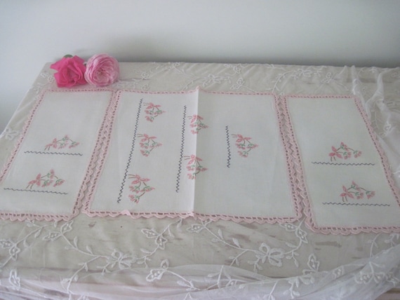 pink dresser scarf Vintage Hand Embroidered Dresser Scarf Doily Set Pink Flowers With Crochet  Edging C1940 Sewing