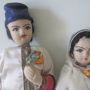 Vintage Dolls Pair of East Indian Cloth Folk c1950 Ethinic Costume, Traditional Dress, Silk Sari, International