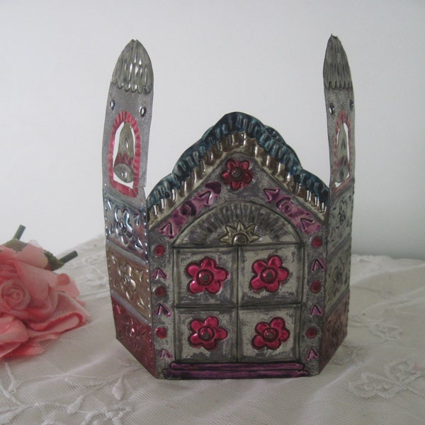 Vintage Candleholder Mexican Handmade Folk Art Metal Church Cathedral