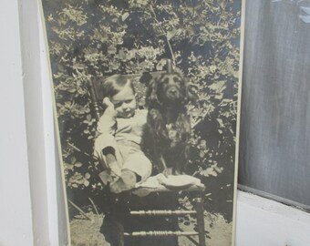Antique Photograph of Little Boy and His Dog c1920's Art Deco Style Large