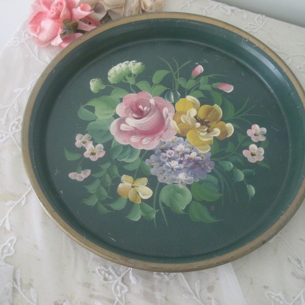 Vintage Serving Tray Floral Handpainted Tolware Metal c1950 Shabby Style