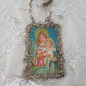 Antique Christmas Ornament Mary and Baby Jesus Postcard with Metallic Tinsel Trim