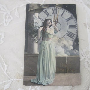 Antique New Years Postcard with Angel c1913 Edwardian, Scrapbooking, Paper Ephemera, Nordic Style