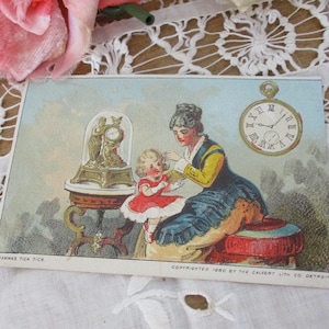 Cartão de propaganda comercial antigo Mãe e filha com relógio, década de 1890