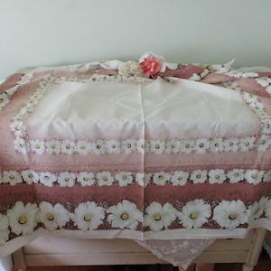 Vintage 1950's Floral Tablecloth Cotton Tropical Hibiscus