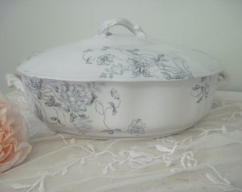 Antique Hanley English Porcelain Casserole Dish, Floral Serving Bowl, Shabby Chic Decor