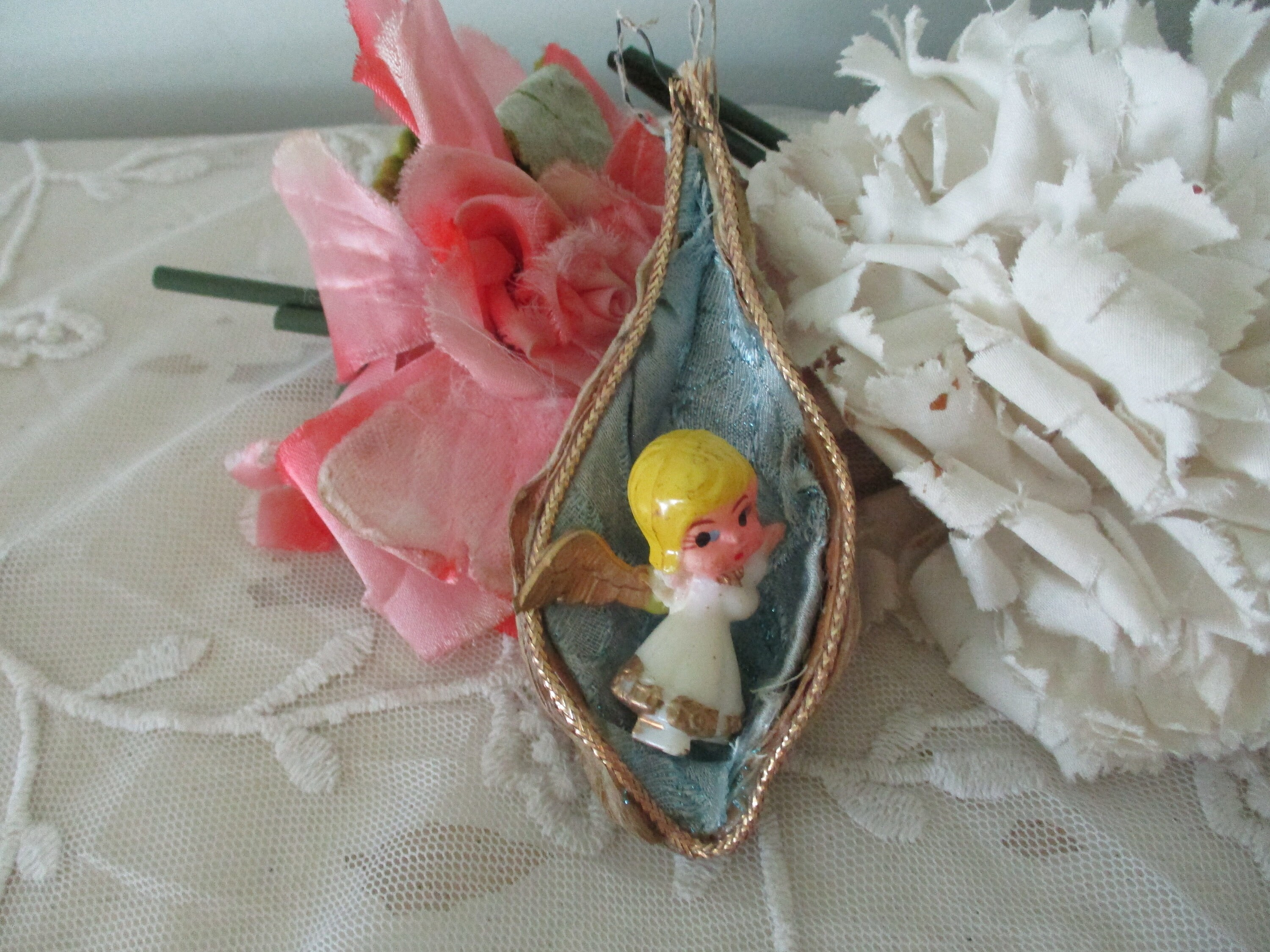 Vintage Angel Christmas Ornament C1950's Kitsch Retro Blue Satin