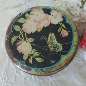 Antique Powder Advertising Tin w/ Butterfly and Flowers c1920&#39;s Art Deco Boudoir