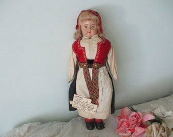 Antique Celluloid Norwegian Doll in Traditional Folk Costume c 1915-1920's