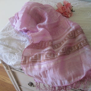 Vintage Scarf Wrap Shawl Boho Hippie Hot Pink with Gold Metallic Design Fringe Viscose