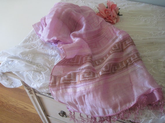 Vintage Scarf Wrap Shawl Boho Hippie Hot Pink with Gold Metallic Design Fringe Viscose