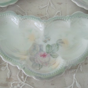 Antique Floral Dishes Dessert Trinket Jewelry Ring German Porcelain Pink Rose Kidney Shaped