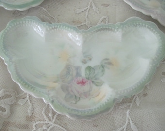 Antique Floral Dishes Dessert Trinket Jewelry Ring German Porcelain Pink Rose Kidney Shaped