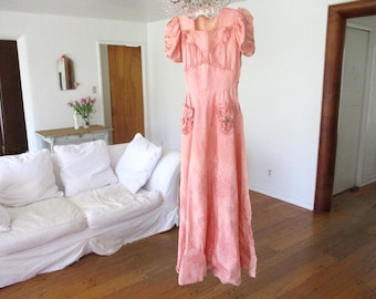 Antique 1920's - 30's Women's Party Dress Pink Floral Ruching Bridesmaids Size Small
