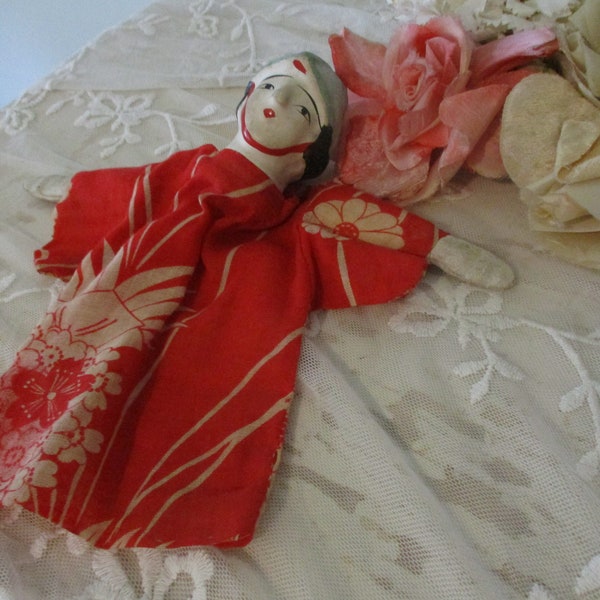 vintage japonais papier mâché marionnette à main poupée jouet c1940