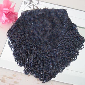 Antique Victorian Purse Handbag Black Shimmer Beaded Pristine Evening Bag Drawstring c1910 Birthday Gift Graduation Gift