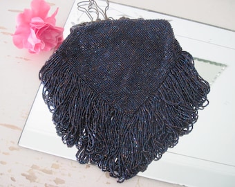 Antique Victorian Beaded Evening Bag, Black Shimmer Purse, c1910