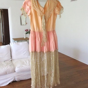 Antique 1920&#39;s Women&#39;s Flapper Dress Nylon Satin and Lace Peach and Pink 34&quot; Bust 28&quot; Waist Theater Costume,Boudoir Display