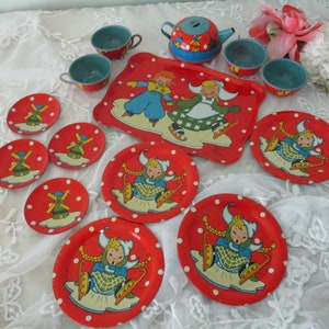 Vintage Tin Metal Toy Tea Set for Children Dutch Kids Windmills Ice Skating Complete c1950's