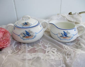 Vintage Ceramic Sugar Bowl and Creamer Set w/Bird - Tea Set C1940's- Cottage Decor