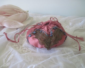 Antique French Silk Doll Bebe' Drawstring Purse Nordic Style, Shabby Decor