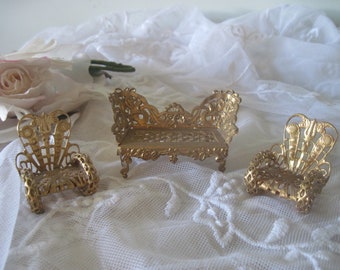 Vintage Duitse miniatuur zachte metalen fancy miniatuur poppenhuis salon set Scandinavische stijl, shabby decor