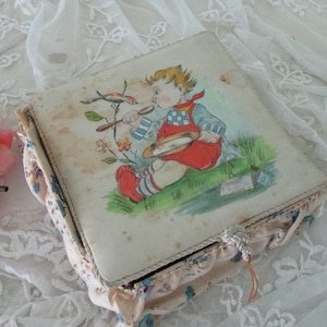 Vintage Fabric Covered Box Floral Sewing, Jewelry,Handkerchief Handpainted Boy c1930's