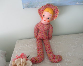 Vintage Stoffpuppe Baby Kleinkind c1950's Kinderzimmer Dekor Floral Stoff Körper