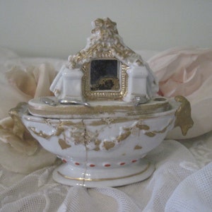 Antique Dressing Table Vanity Trinket Box Miniature English Staffordshire Fairing Dollhouse Accessory Nordic Style c1850