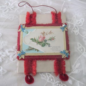 Antique Christmas Greeting Card Victorian Silk Fringed Keepsake for a Friend with Roses c1890