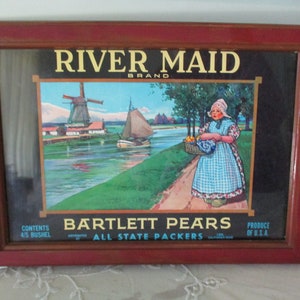 Antique Fruit Crate Advertising Label w/Dutch Girl Bartlett Pears Original c1920&#39;s Framed Produce