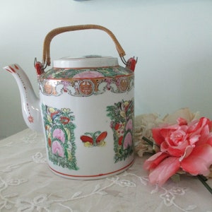 Antique Chinese Teapot Porcelain Canton Famille Rose  Hand Painted Flower Butterfly