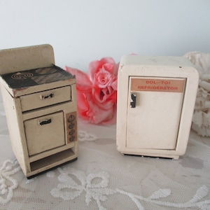 Vintage Dol-Toi English Dollhouse Refrigerator and Stove Set c1950&#39;s Retro Kitchen