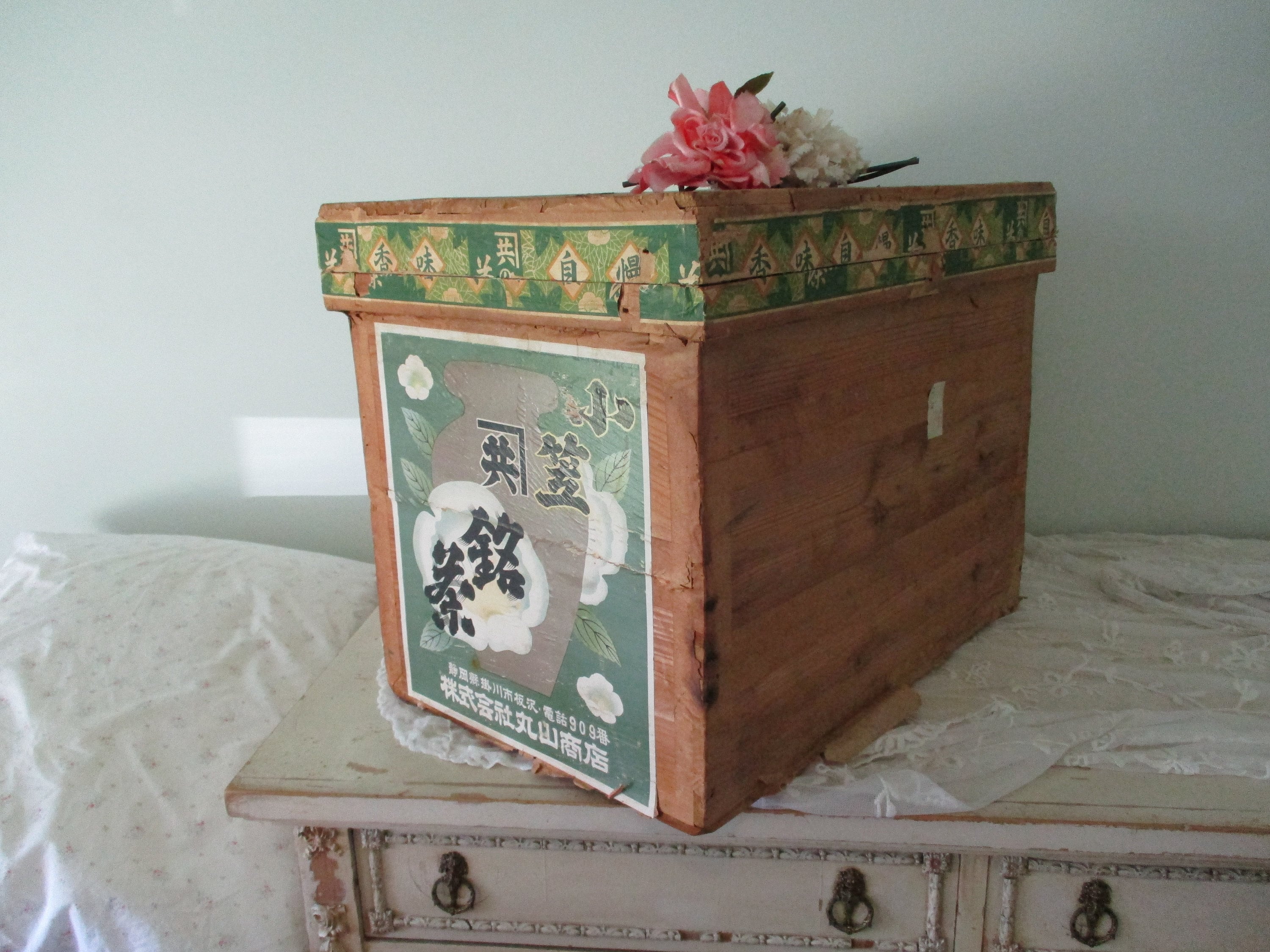 Antique Japanese Tea Shipping Box Container Wood With Camelia Etsy