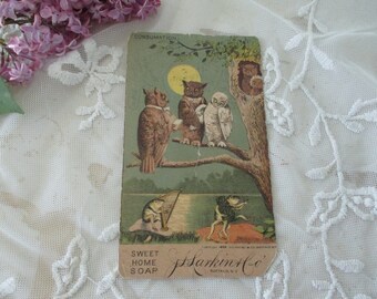 Antique Soap Trade Advertising Card with Owls and Frogs c1800's