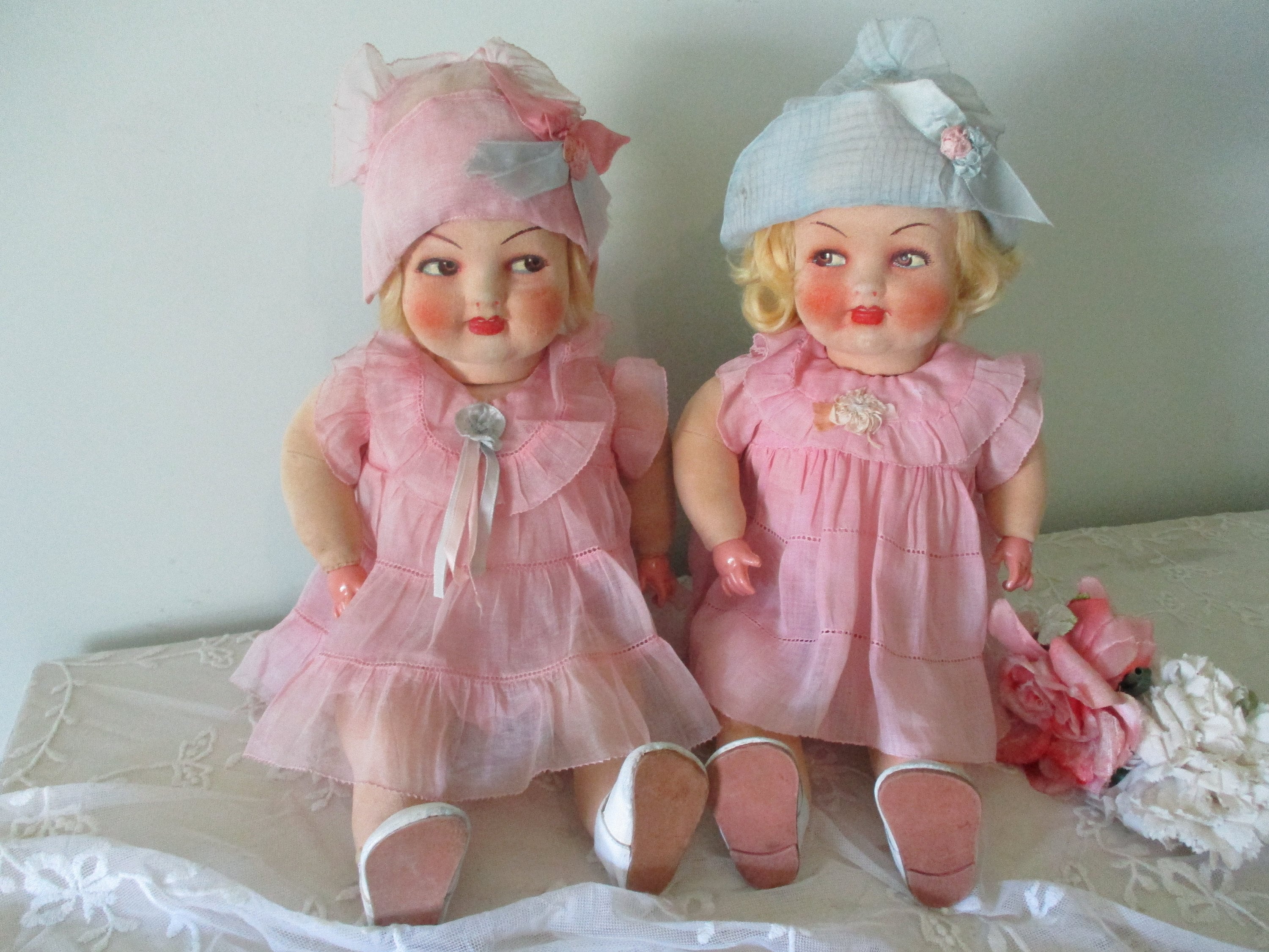 Antique French Raynal Doll Pair Cloth Twin Baby Toddler Rare