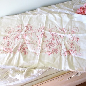 Antique Red Work Tablecloth Dresser Scarf Table Runner Linen with Flowers and Victorian Children c1900