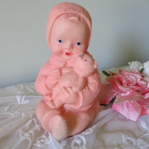 Vintage 1950's Rubber Baby Girl Squeaker Doll Toy for Baby Nursery Decor, Shower Gift