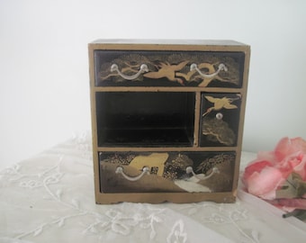 Vintage Japanese Jewelry Box Doll/ Dollhouse Dresser Handpainted Lacquered Wood with Cranes c1940's