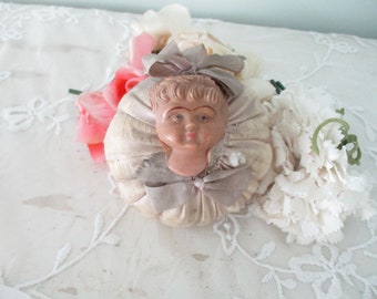 Antique Pincushion Silk and Celluloid Mask Face c1910 Sewing Ephemera Notions
