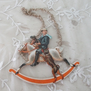 Antique christmas Ornament w/Little Boy,Terrier Dogs and Rocking Horse c1900 Metallic Tinsel