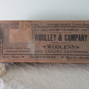 Antique Advertising Box Woolen Fabrics Tailors Haberdashery Trimmings c1914 Sewing Ephemera, Storage Container Large 29.5&quot; Length