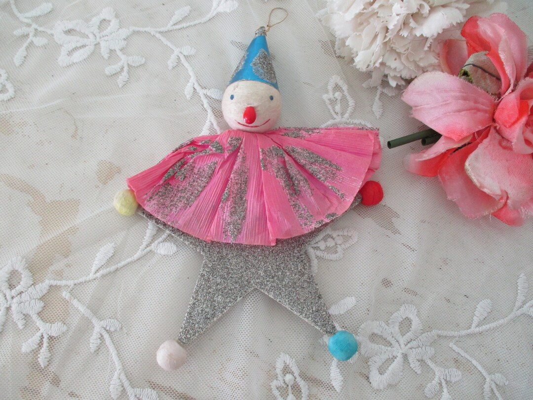 Ornamento natalizio vintage Clown e stella Carta crespa Feltro e