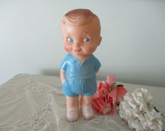 Vintage 1950's Rubber Squeek Doll Toy Little Boy with Frog