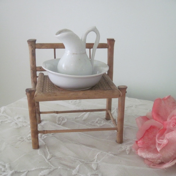 Antique Dollhouse or Doll Washstand with Pitcher and Basin Large Rattan c1910